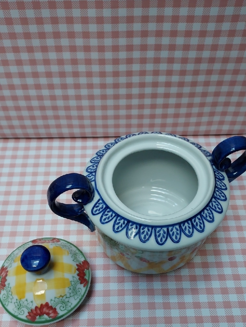 Blue Yellow Strawberry Hand Painted Ceramic Set Pitcher Sugar Bowl Creamer Mug - Picture 9 of 10